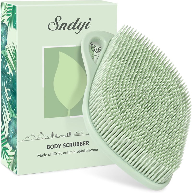 Sndyi Silicone Body Scrubber, Gentle Exfoliating Body Scrubber for Sensitive Skin, Leaf Shaped Shower Scrubber for Body with Lathering Bristles, Silicone Loofah Body Brush for Showering, Green - Image 1